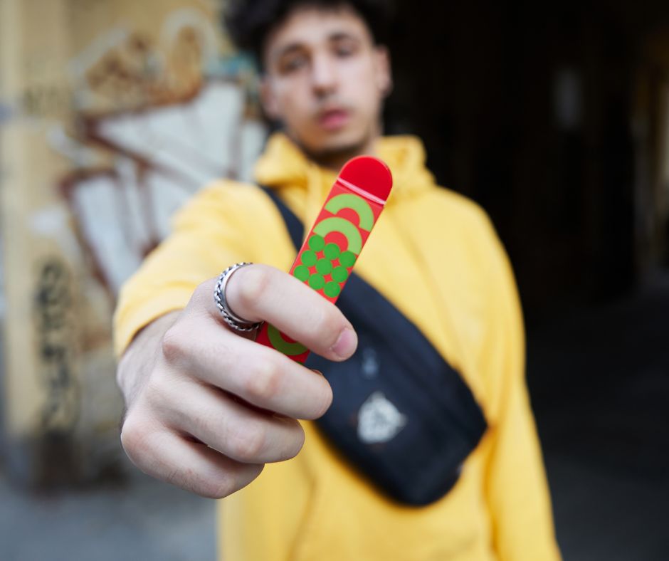 Baiat îmbrăcat în galben care ține în mână o țigara electronică de unică folosință One Puff
