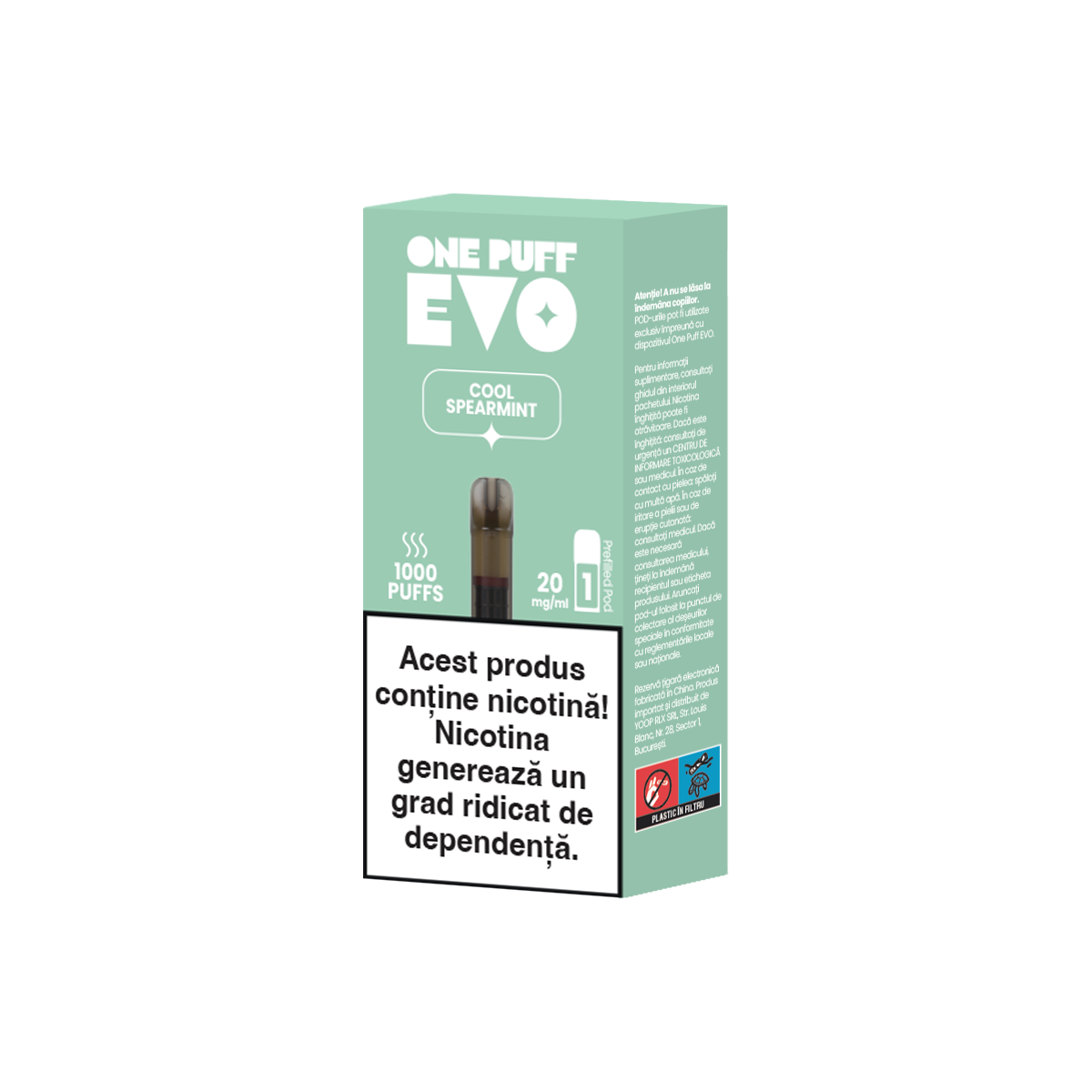 Capsulă pentru țigară electronică reîncărcabilă One Puff Evo cu aromă de mentă (Cool Spearmint), cu 2% nicotină, 2ml lichid, 1000 de pufuri