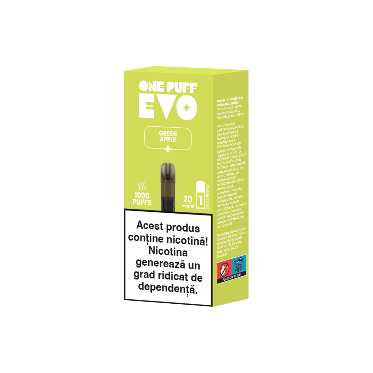Capsulă pentru țigară electronică reîncărcabilă One Puff Evo cu aromă de măr verde (Green Apple), cu 2% nicotină, 2ml lichid, 1000 de pufuri