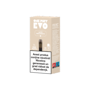 Capsulă pentru țigară electronică reîncărcabilă One Puff Evo cu aromă de cafea (Latte Macchiato), cu 2% nicotină, 2ml lichid, 1000 de pufuri
