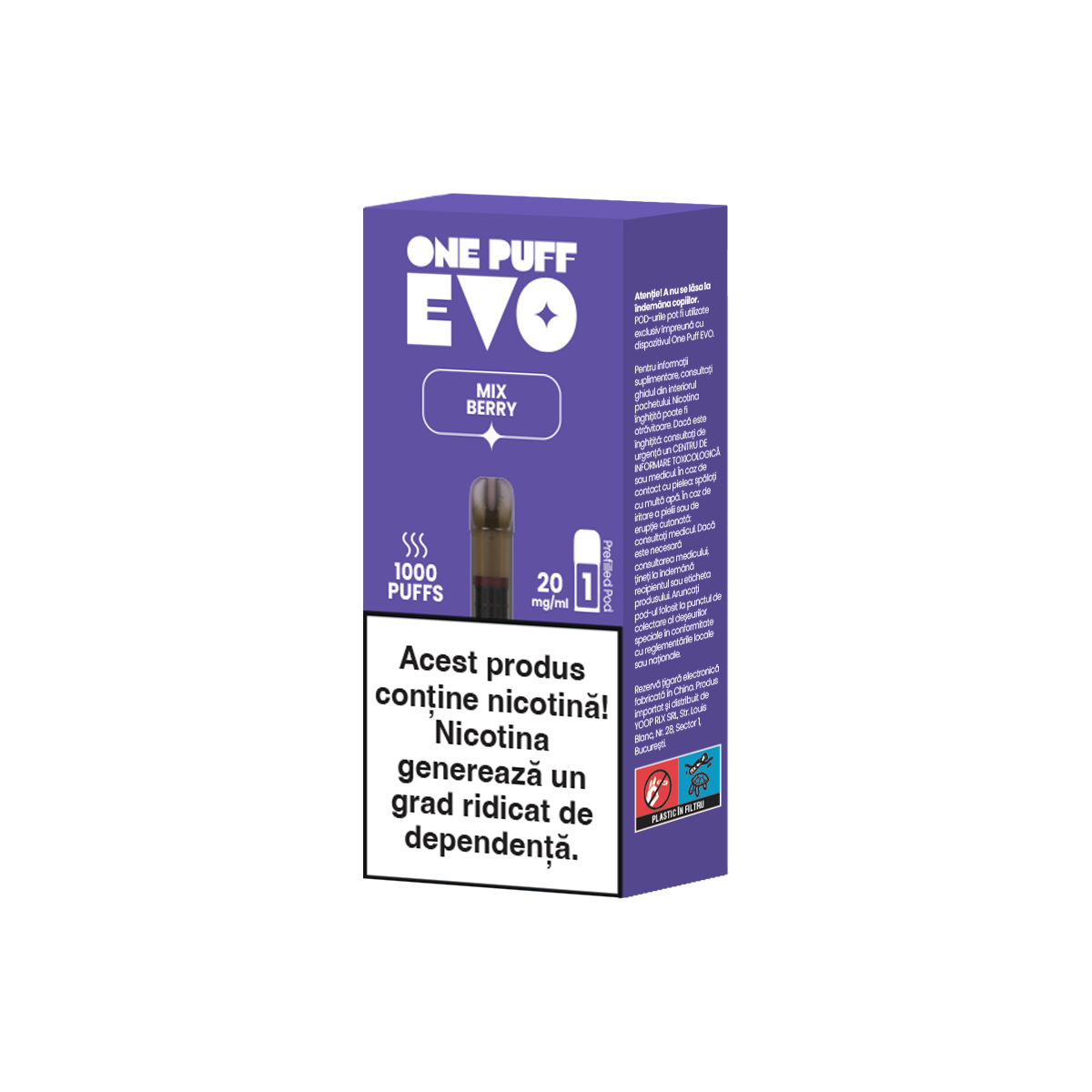 Capsulă pentru țigară electronică reîncărcabilă One Puff Evo cu aromă de fructe de pădure(Mix Berry), cu 2% nicotină, 2ml lichid, 1000 de pufuri