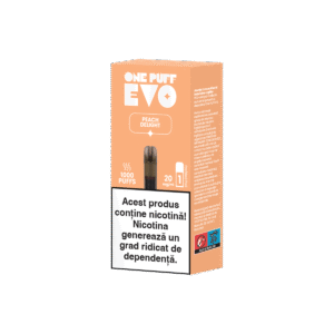 Capsulă pentru țigară electronică reîncărcabilă One Puff Evo cu aromă de piersică (Peach Delight), cu 2% nicotină, 2ml lichid, 1000 de pufuri