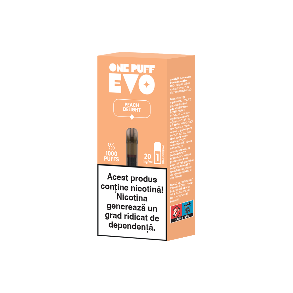 Capsulă pentru țigară electronică reîncărcabilă One Puff Evo cu aromă de piersică (Peach Delight), cu 2% nicotină, 2ml lichid, 1000 de pufuri