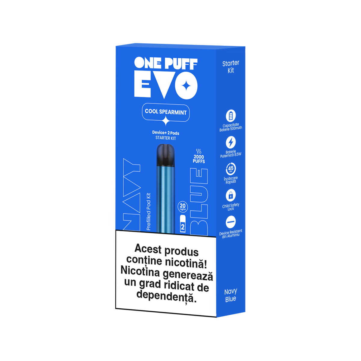 cutie cu Kitul One Puff Evo SNavy Blue cu 2 capsule aroma Cool Spearmint incluse