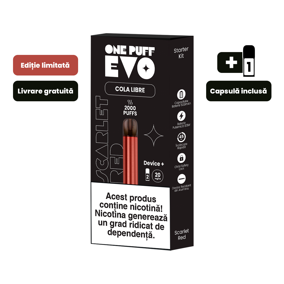 kit Cola Libre cu device reincarcabil Scarlet Red si 2 capsule cu aroma Cola Libre